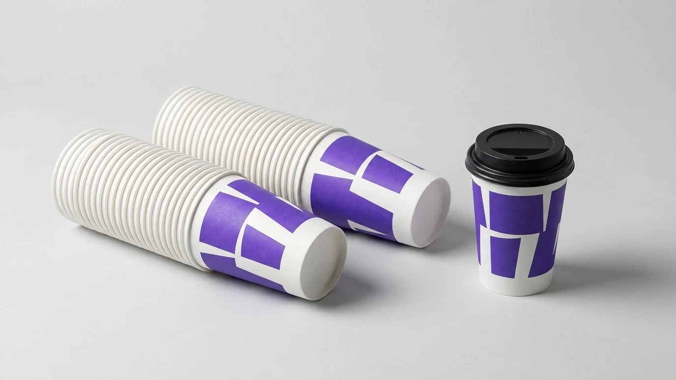 Stacks of printed paper coffee cups from a production run