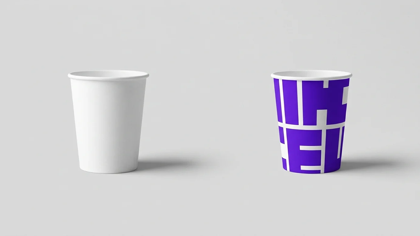 Een blanco beker naast een beker met eigen bedrukking